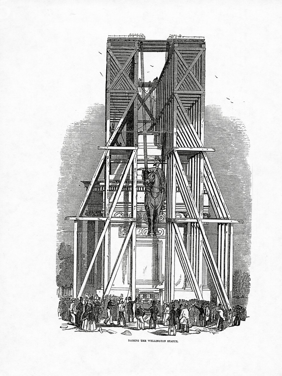 Wellingtonin patsaan pystyttäminen, julkaistu The Illustrated London News -lehdessä 3. lokakuuta 1846. tekijältä Ebenezer Landells
