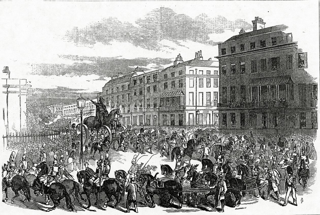 The Grand Procession of the Wellingtonin patsas kääntää alas Park Lanella, julkaistu Illustrated London News -lehdessä, 3. lokakuuta 1846 tekijältä Ebenezer Landells