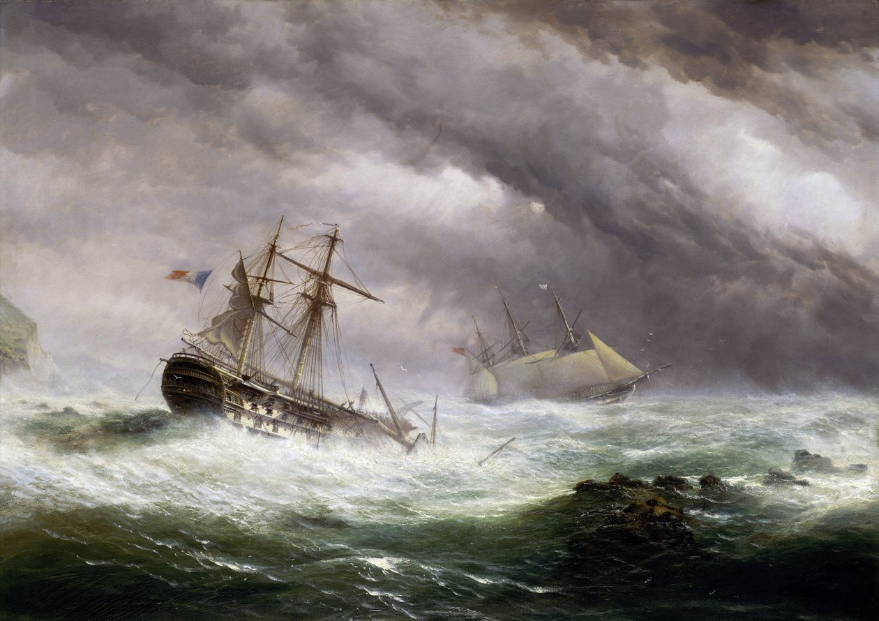 HMS Endymion pelastaa myrskyyn joutuneen ranskalaisaluksen vuonna 1803. Ebenezer Collsin (1812-1887) öljy kankaalle, noin 1850-1855. tekijältä Ebenezer Colls