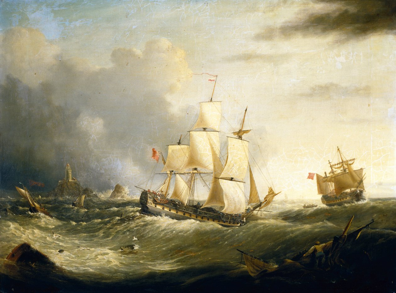 Two Deckers Longships Lighthousen edustalla, Lands End (öljy kankaalle) tekijältä Ebenezer Colls
