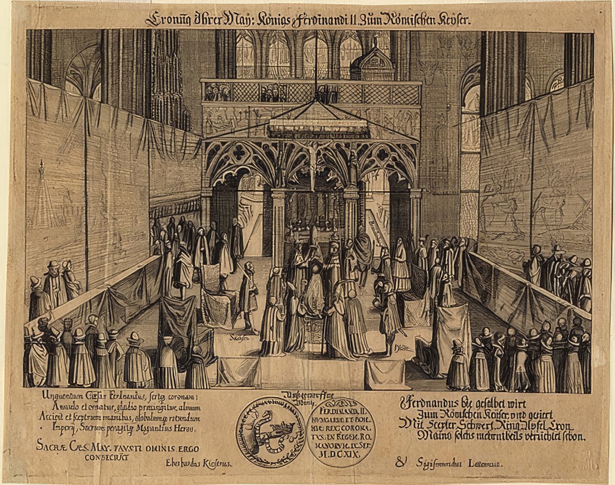 Kuningas Ferdinand II kruunattiin Rooman keisariksi. 1619 tekijältä Eberhard Kieser