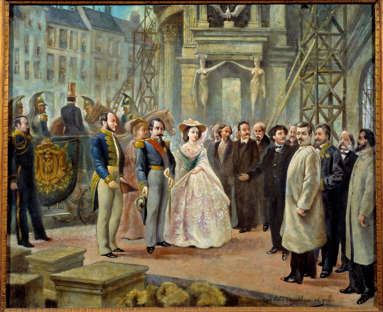 Napoleon III (1808-1873) ja Imperatrice Eugenie (1826-1920) vierailevat Opera Garnierin teoksissa Pariisissa. Napoleon III:n vasemmalla puolella paroni Georges Haussmann (1809-1891) ja Charles Garnier kohotettu käsi (1828-1885) Impresin oikealla puolella tekijältä Ed. (after) Gilis
