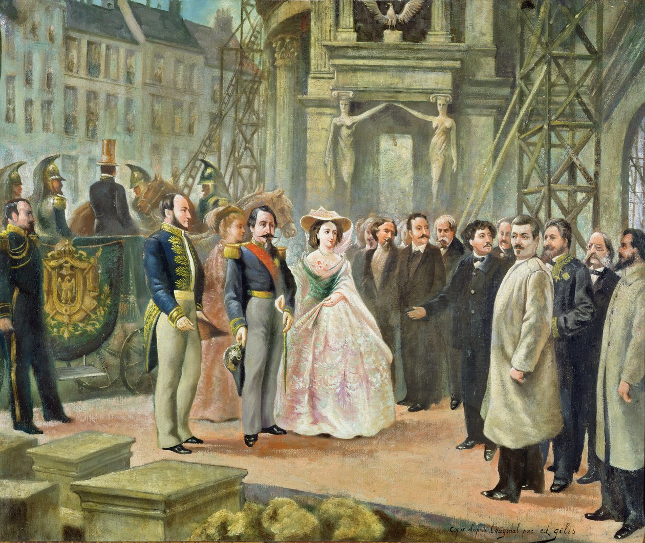 Paroni Georges-Eugene Haussmann (1809-91) Napoleon III (1808-73) ja keisarinna Eugenie (1826-1920) vierailemassa työläisten luona oopperassa tekijältä Ed. Gilis