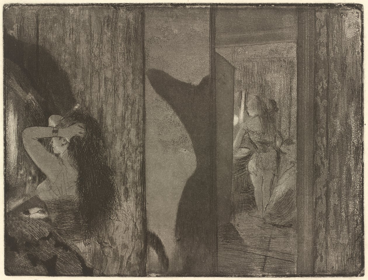 Näyttelijät pukuhuoneissaan, 1879-1880 (etsaus ja akvatinta kudottupaperille) tekijältä Edgar Degas