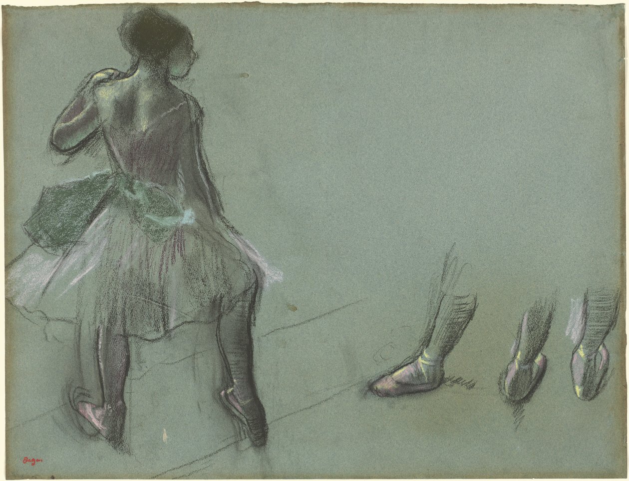 Dancer Seen from Behind and Three Studies of Feet, n. 1878 (musta liitu ja pastelli siniharmaalle paperille) tekijältä Edgar Degas
