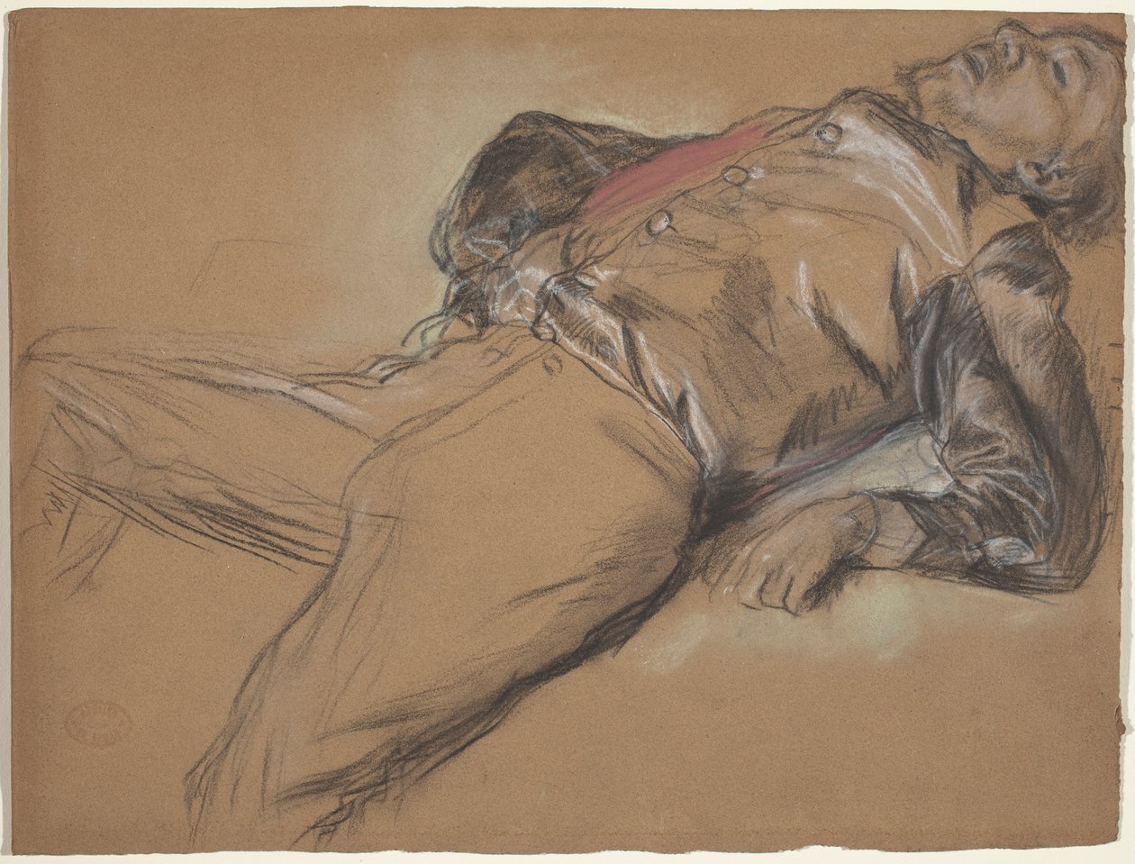 Fallen Jockey (tutkimus Scene from the Steeplechase: The Fallen Jockey), n. 1866 (musta liitu ja pastelli ruskealla kudospaperilla) tekijältä Edgar Degas