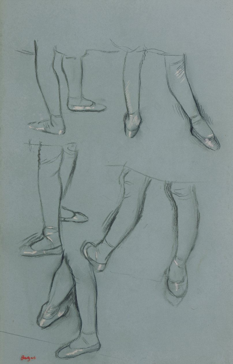 Viisi tutkimusta jalkaparista, n. 1878-80 (lyijykynä, hiili ja pastelli vihreälle paperille) tekijältä Edgar Degas