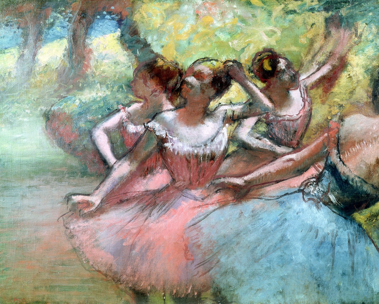 Lavalla neljä balerinaa (pastelli) tekijältä Edgar Degas