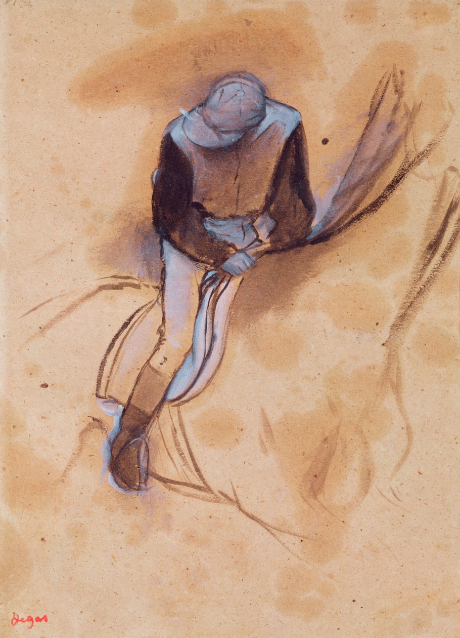 Jockey taipui eteenpäin seisoessaan satulassa, 1860-90 (pastelli ja puuhiili paperilla) tekijältä Edgar Degas