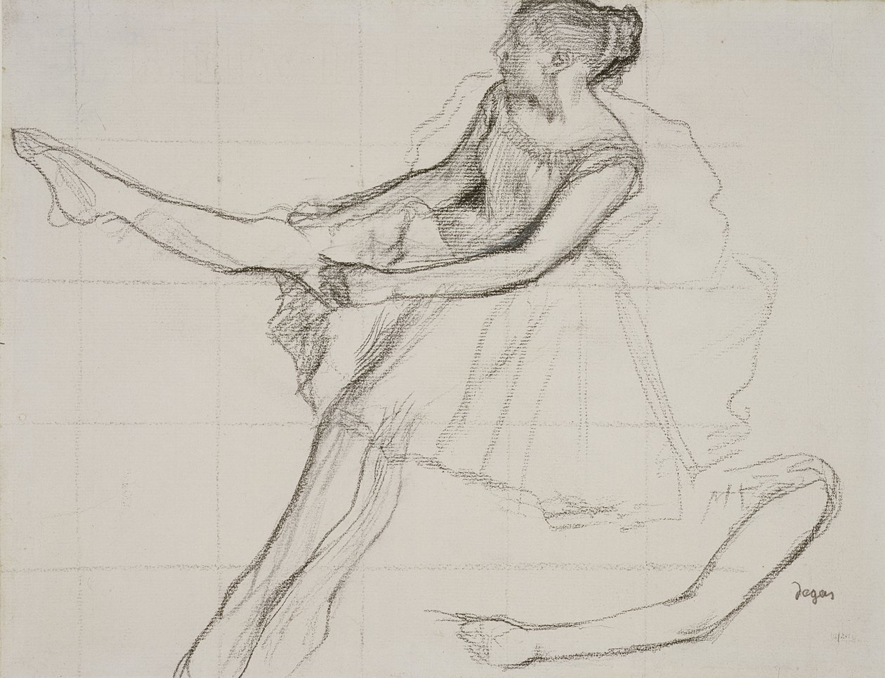 PD.23-1978 Tanssija säätää sukkahousujaan, noin 1880 (lyijykynä ja hiili paperille) tekijältä Edgar Degas