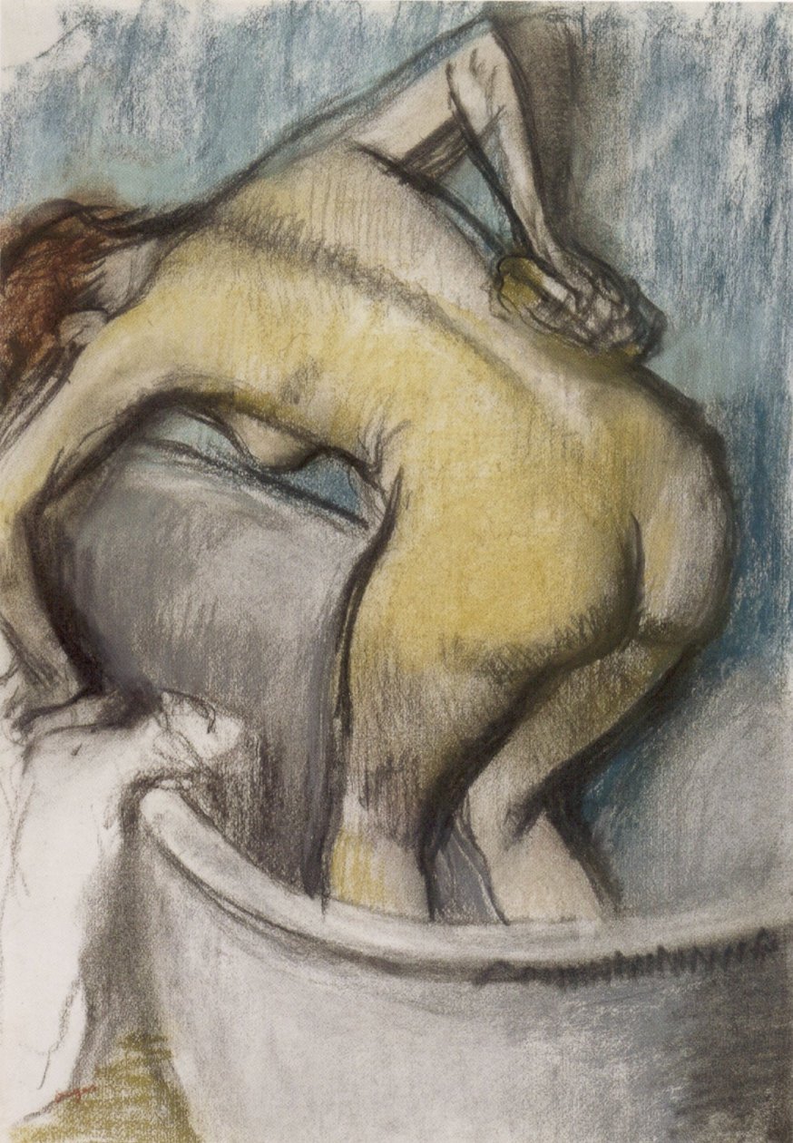 Kylpyamme- Selkää tukeva nainen, pastelli paperilla, n. 1887 tekijältä Edgar Degas