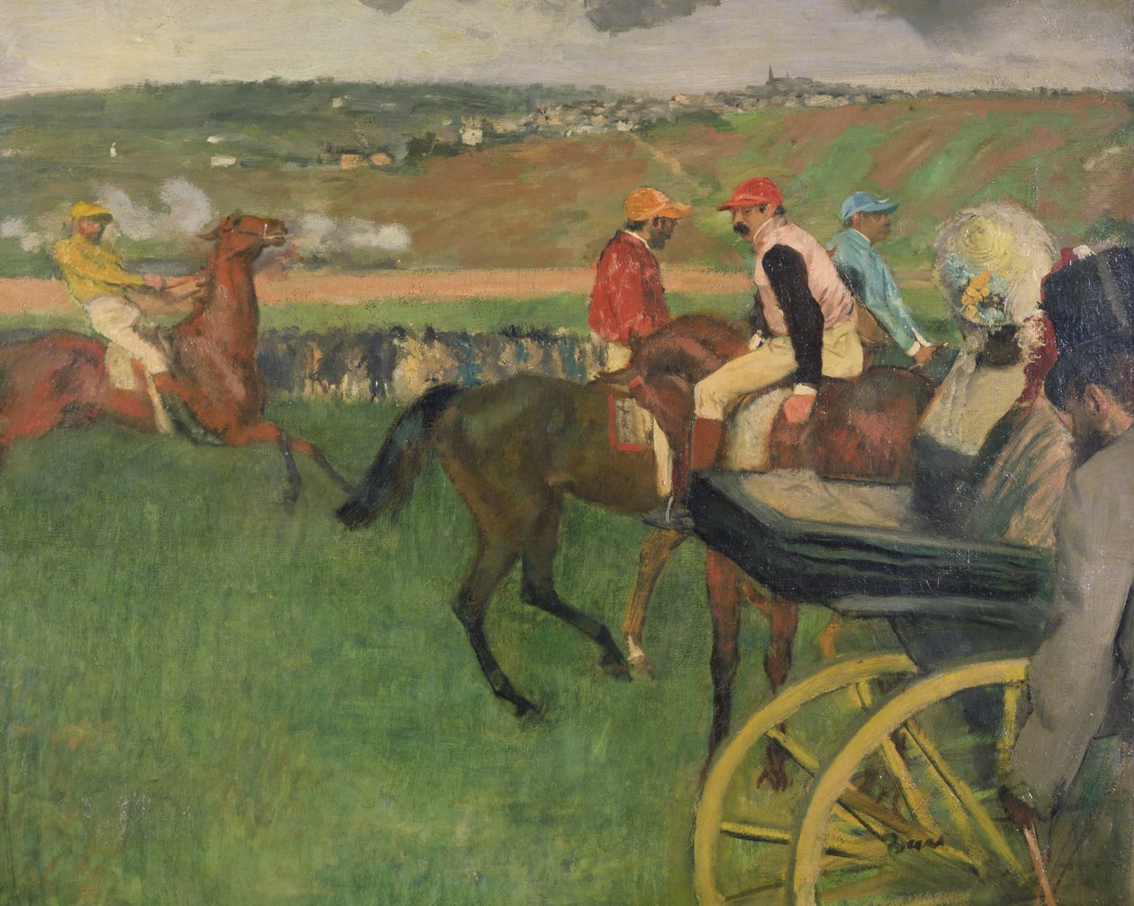 Kilparata - Amatöörijockeys lähellä vaunua, n. 1876-87 tekijältä Edgar Degas