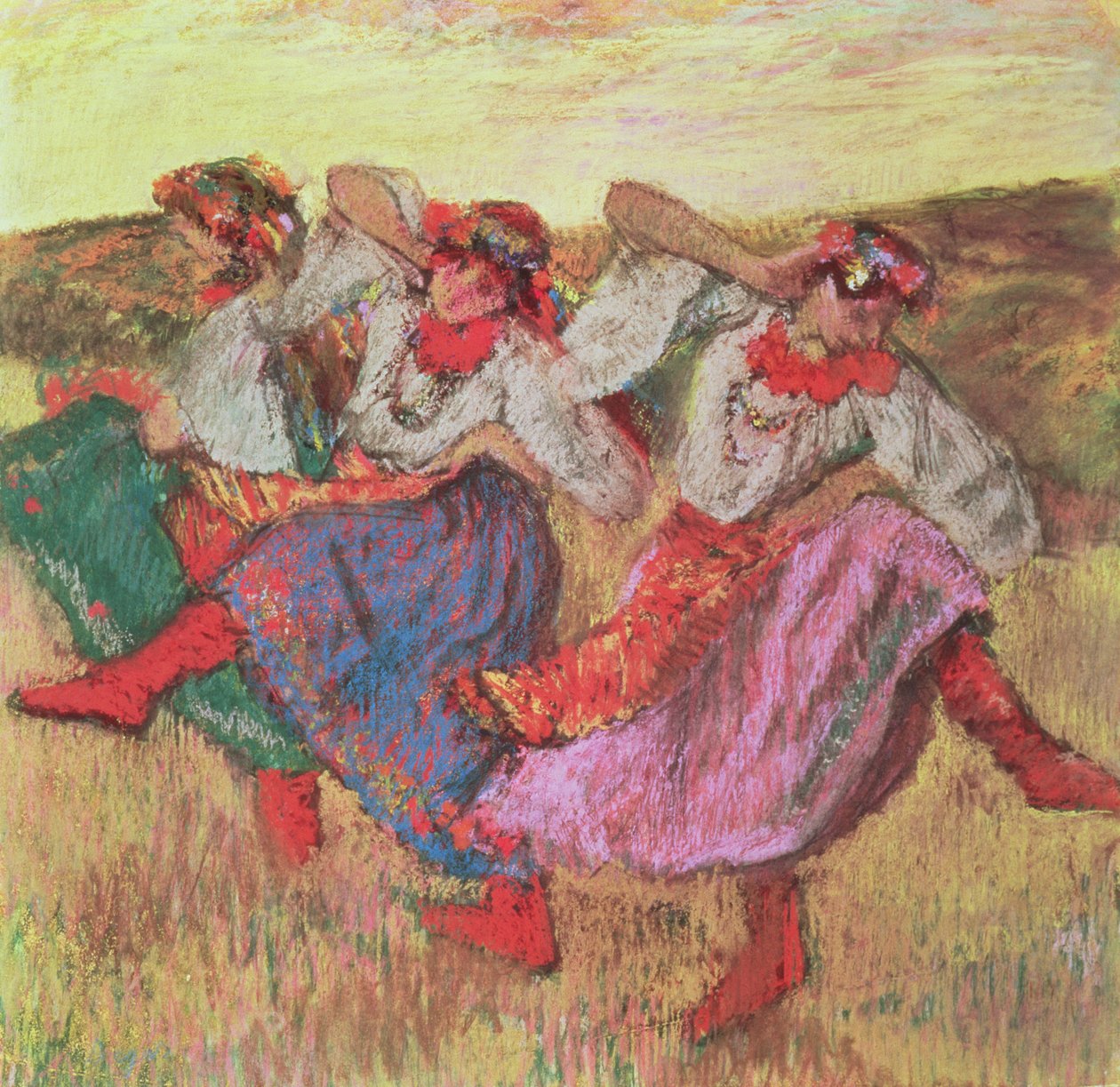 Kolme tanssijaa talonpoika-asussa (pastelli) tekijältä Edgar Degas
