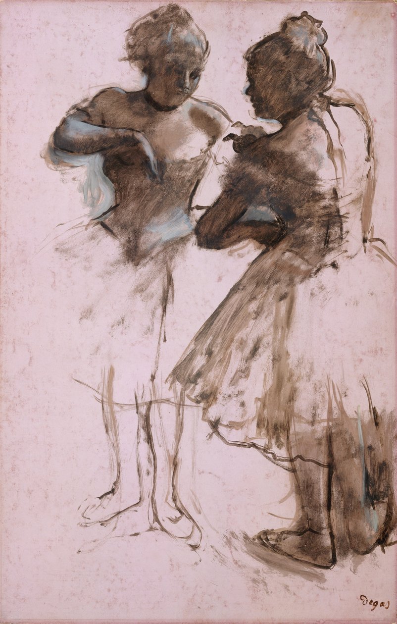 Two Dancers, 1873 (Tummanruskea pesu ja valkoinen guassi paperilla) tekijältä Edgar Degas