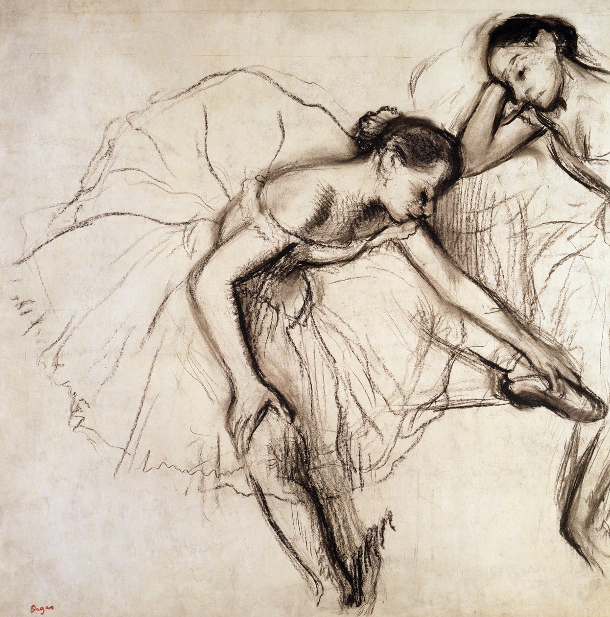 Kaksi tanssijaa lepäämässä (hiili paperilla) tekijältä Edgar Degas