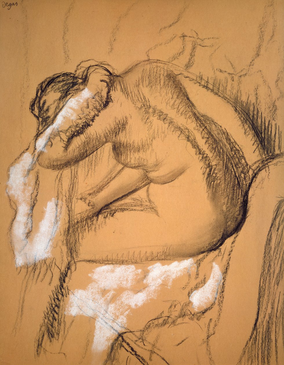 Nainen kuivaamassa itseään (hiili ja liitu) tekijältä Edgar Degas