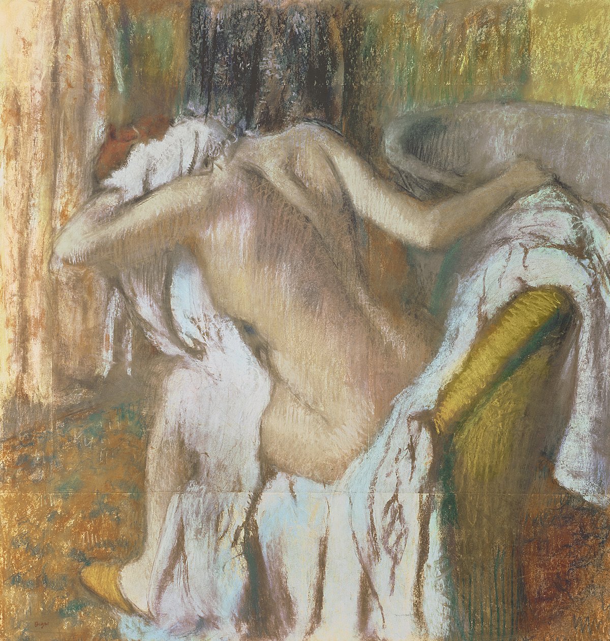 Nainen kuivaamassa itseään, n. 1888-92 (pastelli) tekijältä Edgar Degas