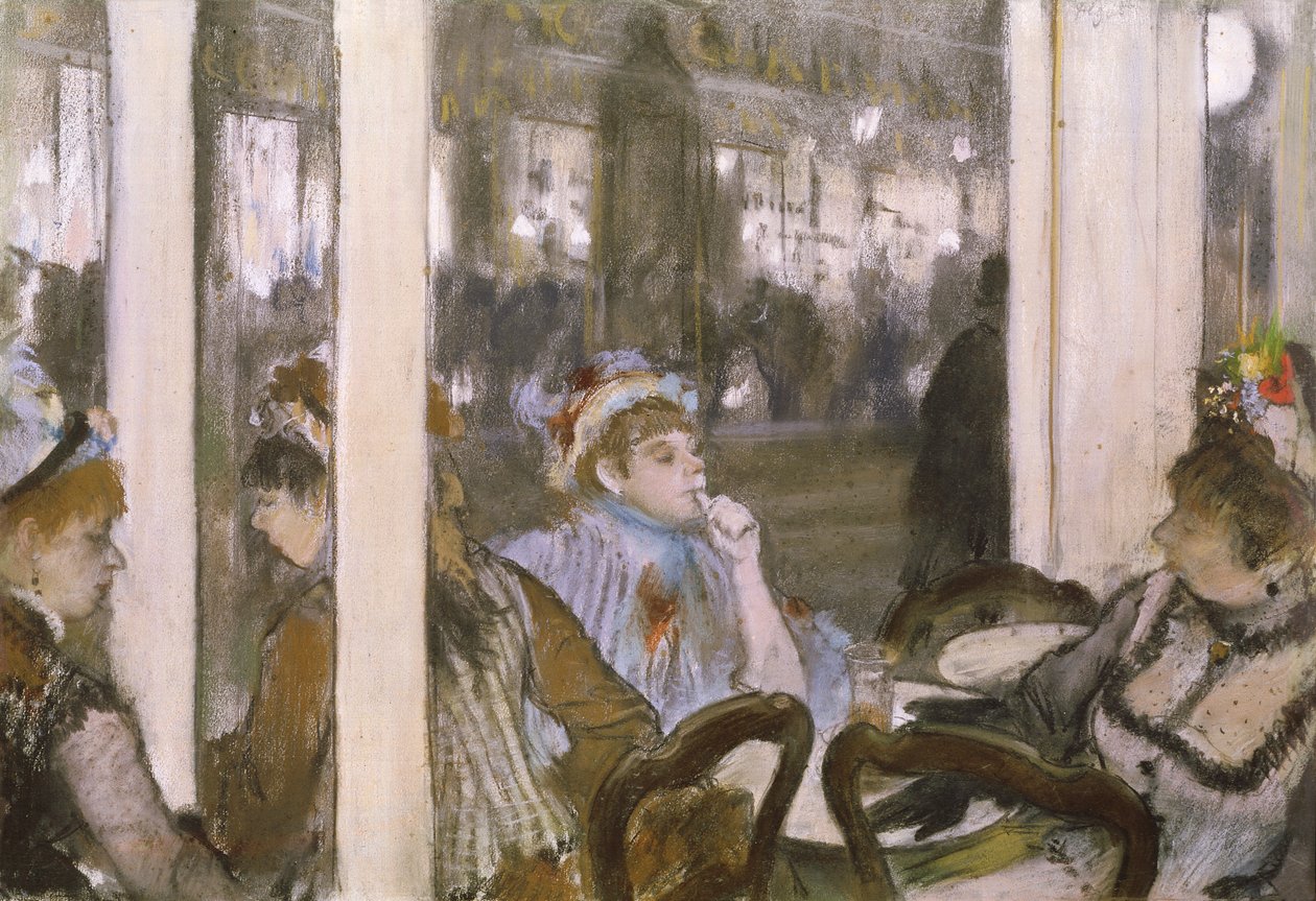 Naiset kahvilan terassilla, 1877 (pastelli monotypialla) tekijältä Edgar Degas