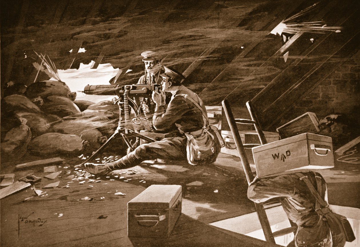 Korpraali Windell hajottaa vihollisen hyökkäyksen konekiväärin tulella Neuve Chapellen lähellä sijaitsevan talon katolta tekijältä Edgar Alfred Holloway
