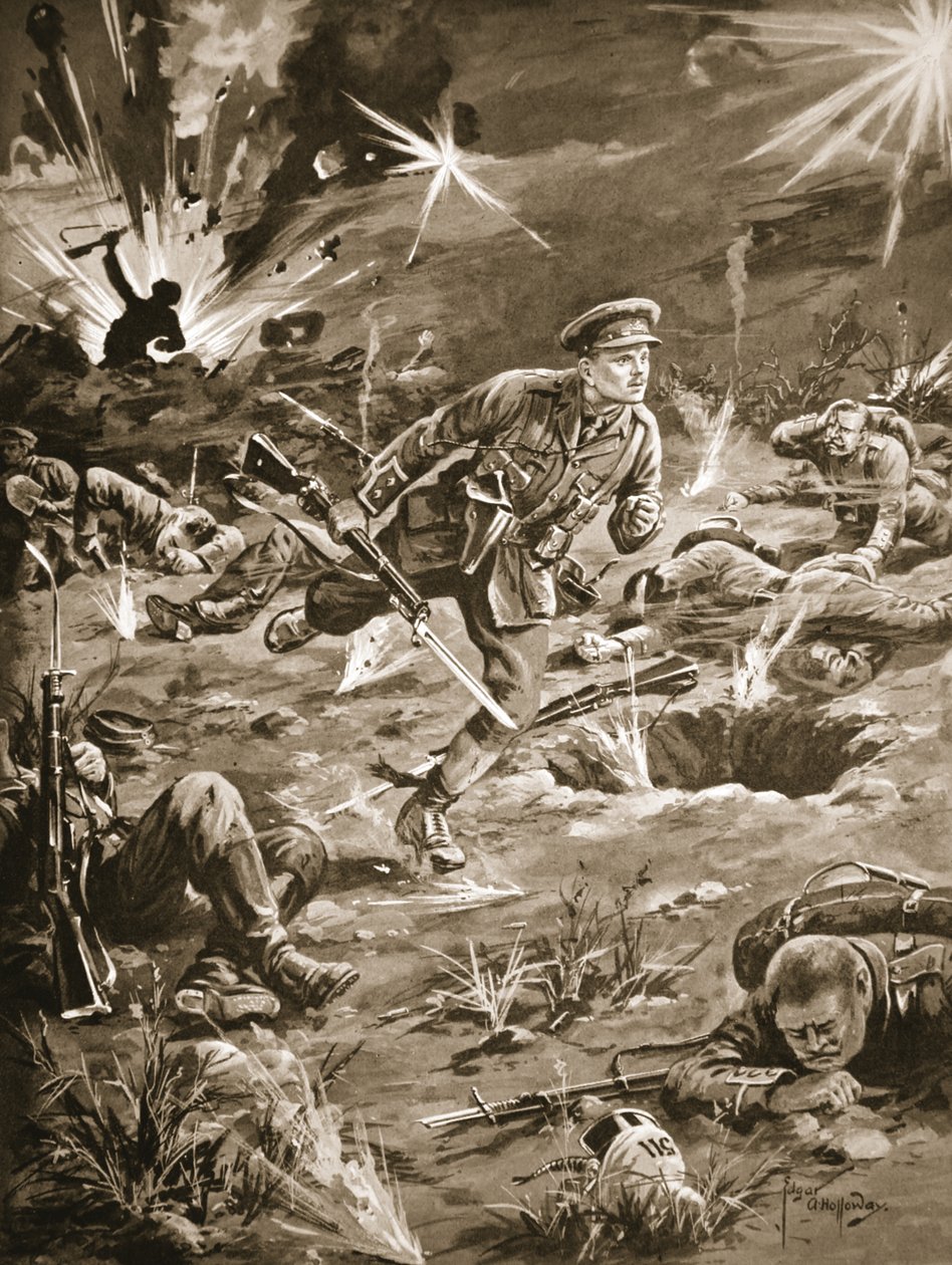 Luutnantti Geary kiirehtii raskaan tulipalon alla mäen 60 oikealla puolella olevaan kaivatoon saadakseen yhteyden upseeriin tekijältä Edgar Alfred Holloway