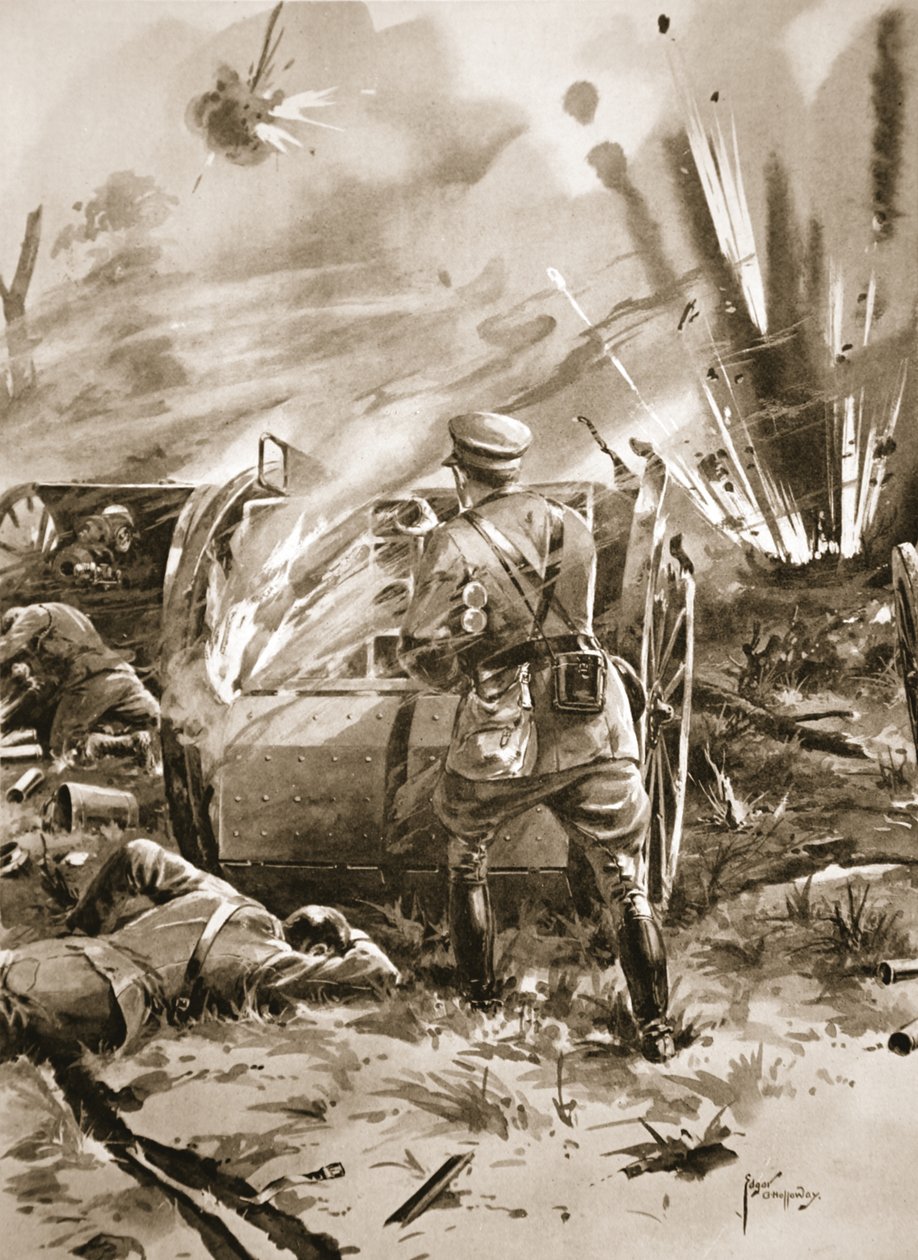 Majuri Warren poistamassa patruunoita palavasta ammusvaunusta suurella henkilökohtaisella riskillä tekijältä Edgar Alfred Holloway
