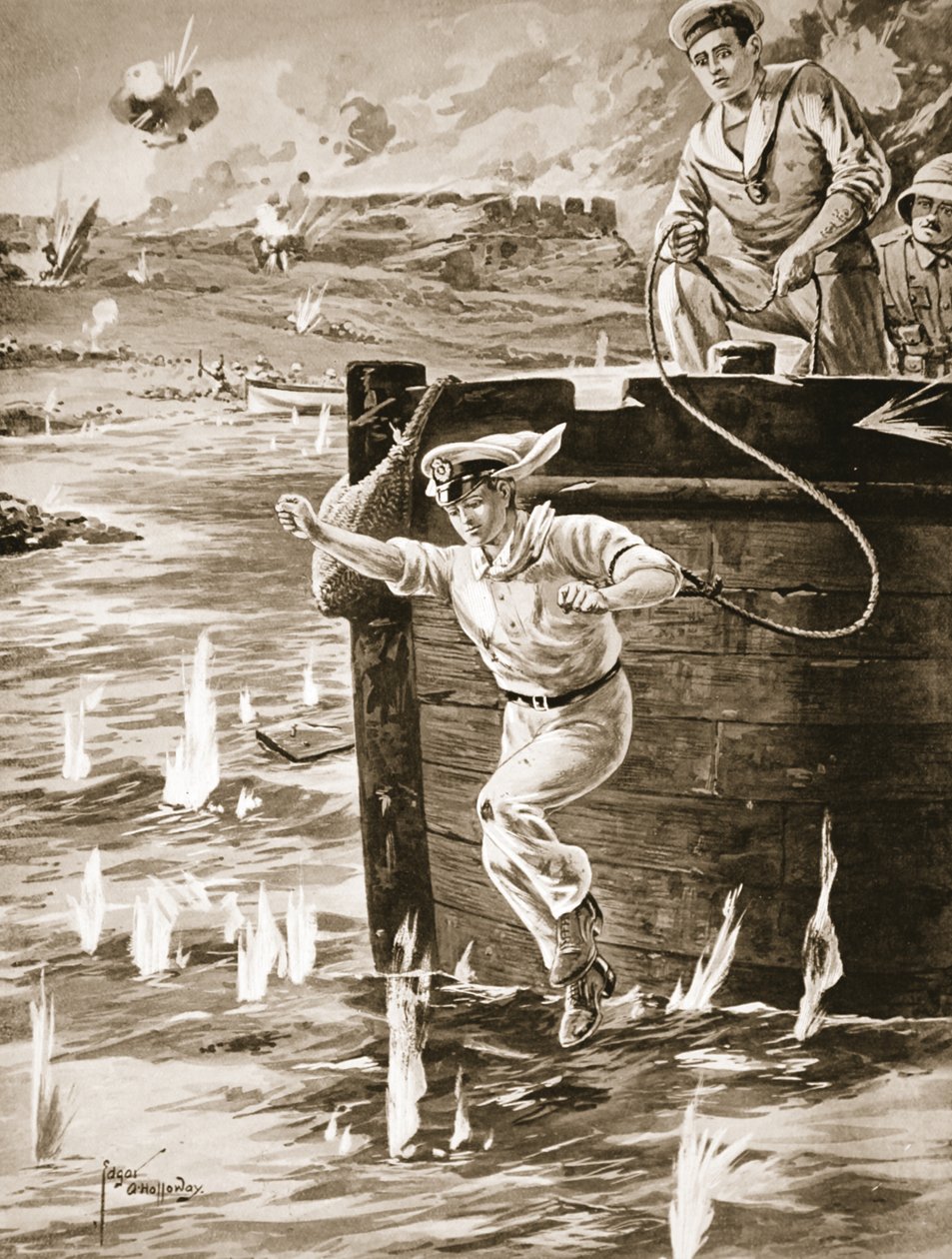 Midshipman Malleson hyppää linjalla proomusta yhdistääkseen toisen ajelehtivan proomun tekijältä Edgar Alfred Holloway