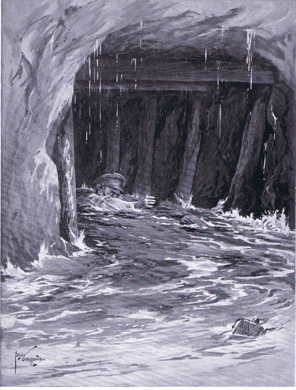 Toinen alikersantti Collier kamppailee ulos kaivosgalleriasta, joka oli lähes täynnä vettä työnsä jälkeen (DCM) (litho) tekijältä Edgar Alfred Holloway