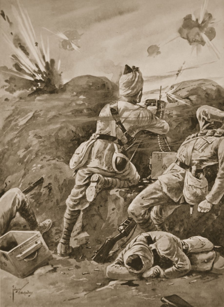 Sepoy Khudadad työskenteli konekiväärillä sen jälkeen, kun muu aseyksikkö oli tapettu tekijältä Edgar Alfred Holloway
