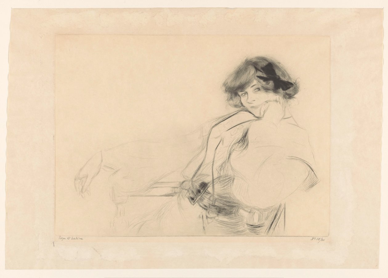 Nuori nainen rusetti hiuksissaan istuu tuolilla tekijältä Edgar Chahine (signed by artist)