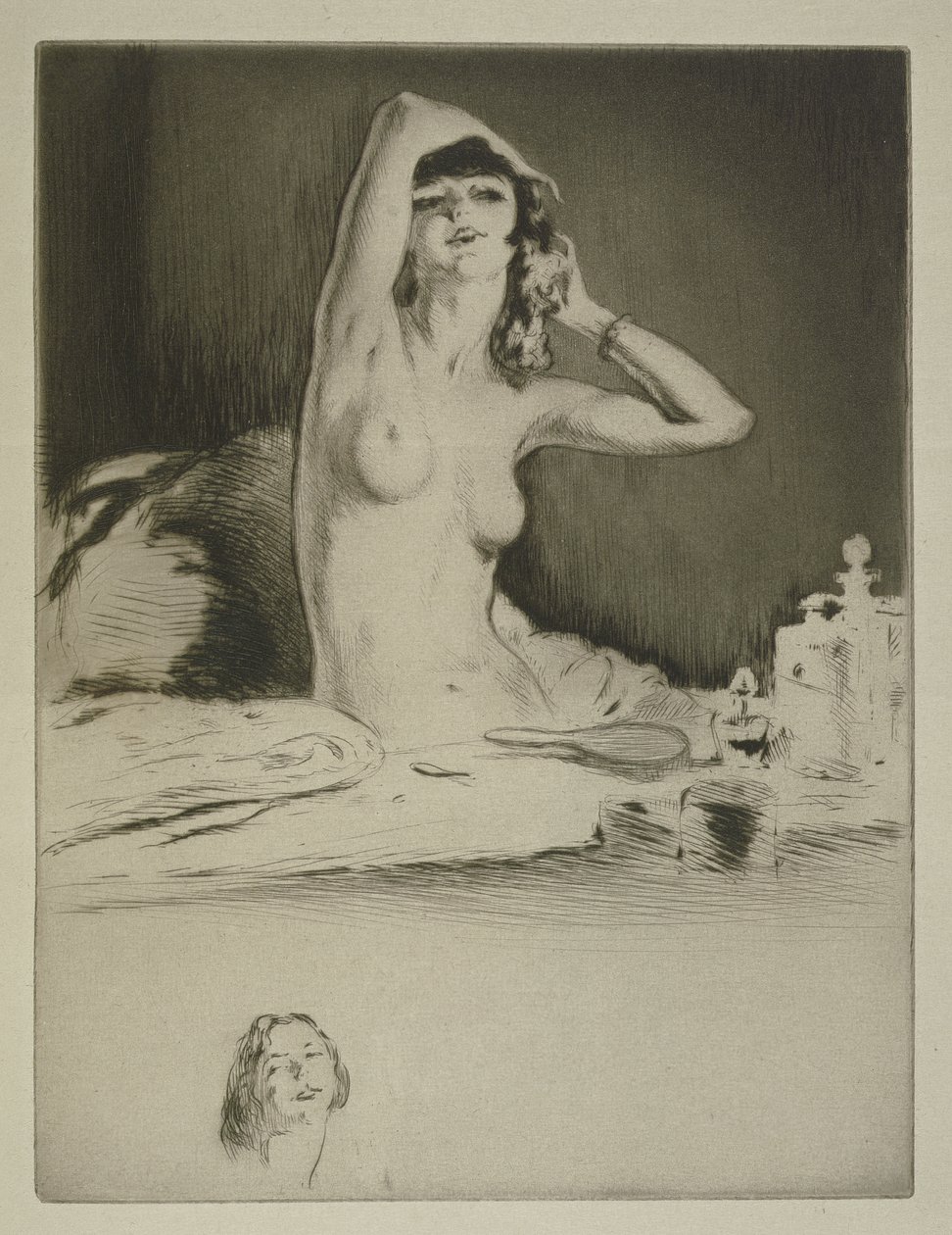 Nainen wc:ssä, Sidonie-Gabrielle Colette (1873-1954) kuvitus "Mitsou"-kirjaan, julkaistu 1930 (etsaus ja kuivapuikko) tekijältä Edgar Chahine
