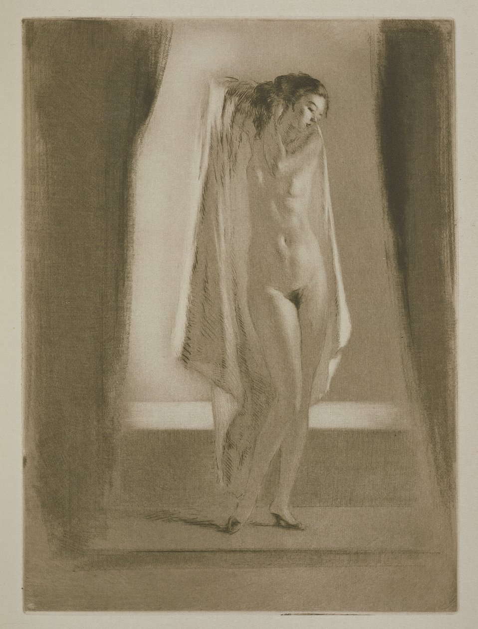 Nainen nousemassa kylvystä, Sidonie-Gabrielle Colette (1873-1954) kuvitus "Mitsou"-kirjaan, julkaistu 1930 (etsaus ja kuivakärki) tekijältä Edgar Chahine