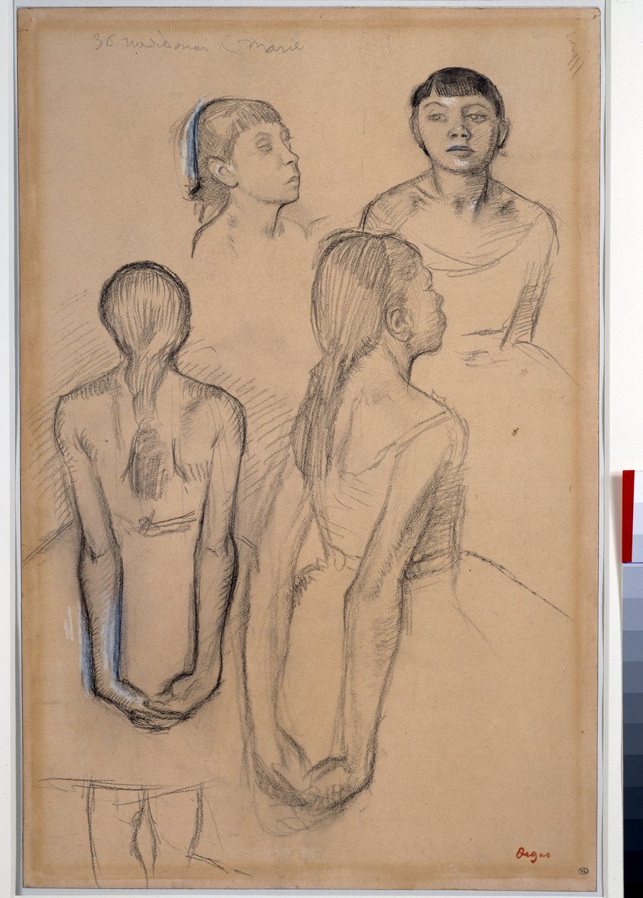 4 tutkimusta nuorista tanssijoista Edgar Degasin (1834-1917) piirtäminen liidulla ja hiilellä Dim. 0,49 x 0,31 MParis. Louvren taidemuseo tekijältä Edgar Degas
