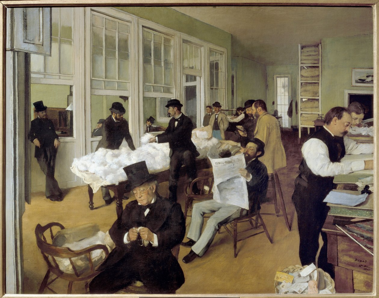 Puuvillan ostotoimisto New Orleansissa (tai puuvillan ostajien toimiston sisätilat New Orleansissa) (öljy kankaalle). tekijältä Edgar Degas