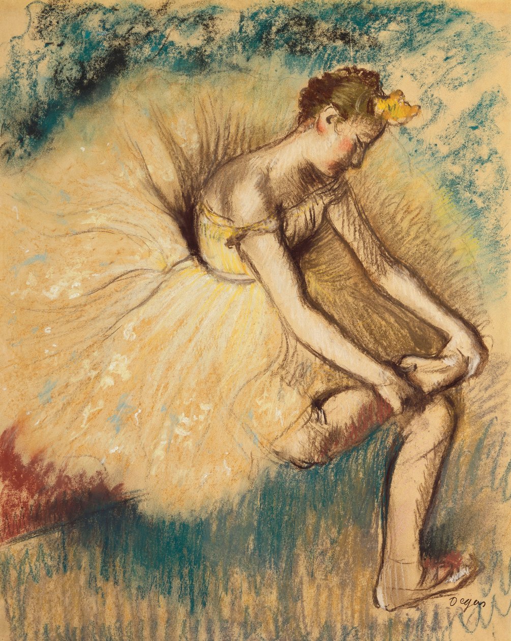 Tanssija pukee kenkiään; Tanssija sitomassa kenkiään, 1896 tekijältä Edgar Degas