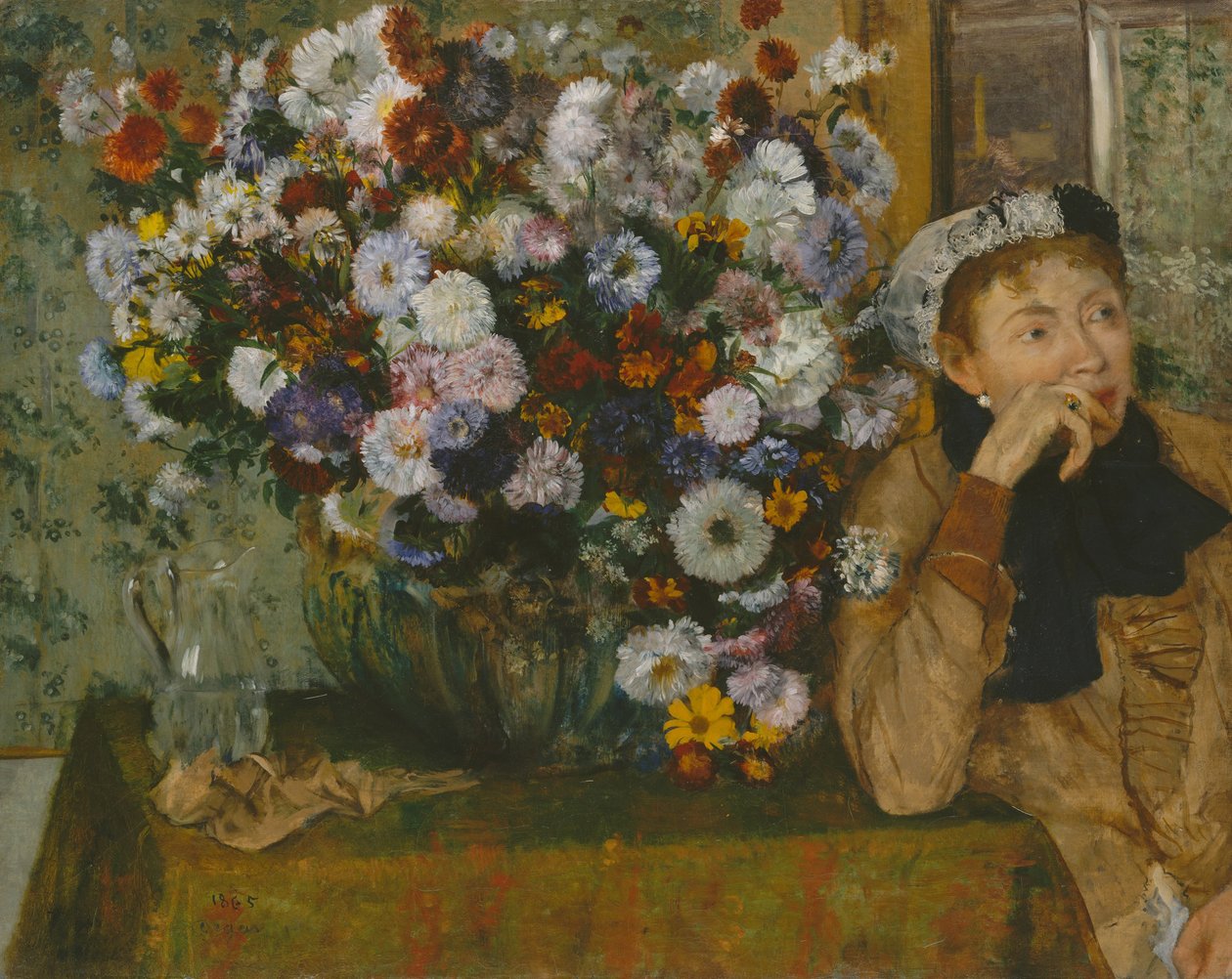 Nainen istuu kukkamaljakon vieressä tekijältä Edgar Degas