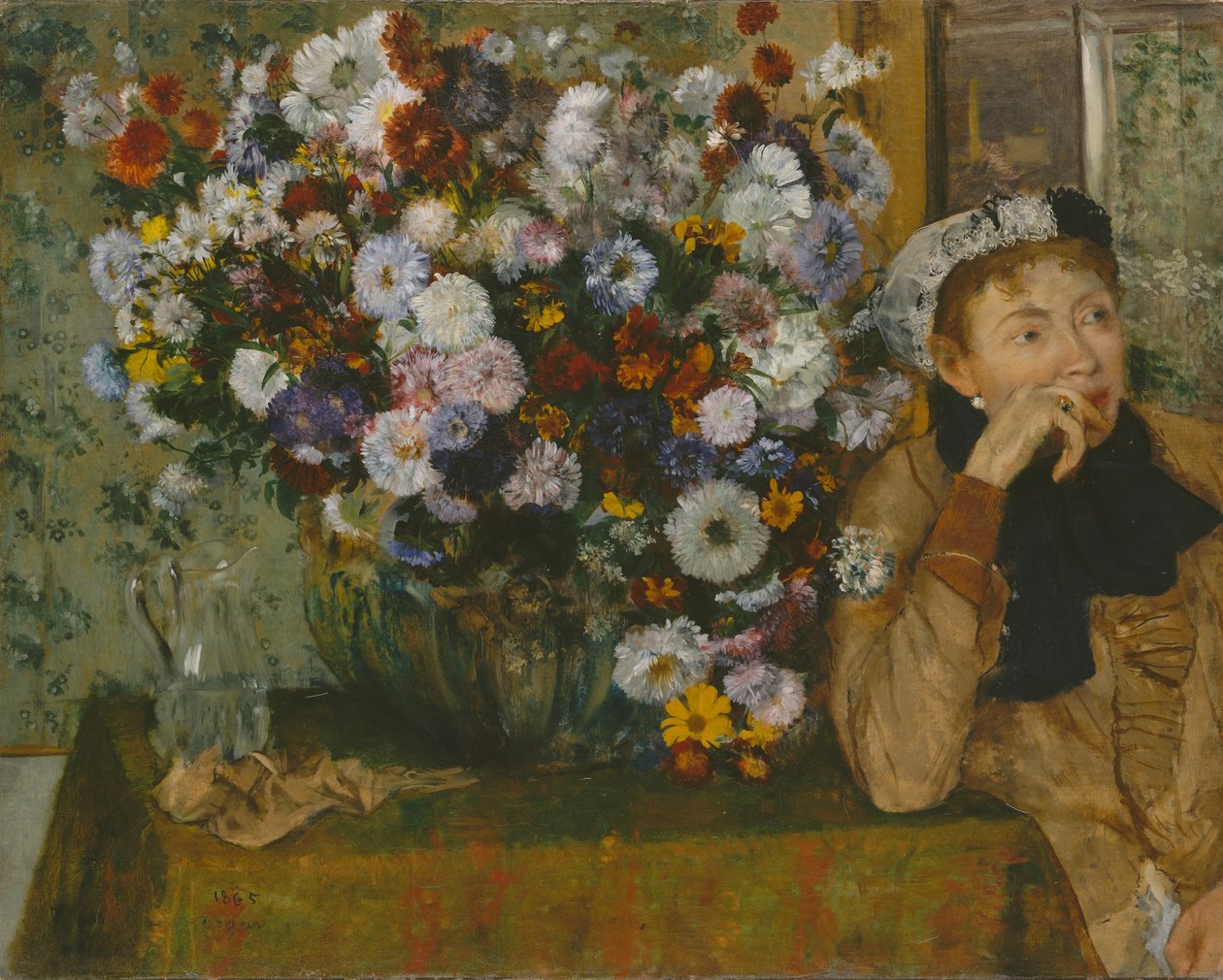 Nainen istuu kukkamaljakon vieressä Madame Paul Valpinçon, 1865. tekijältä Edgar Degas