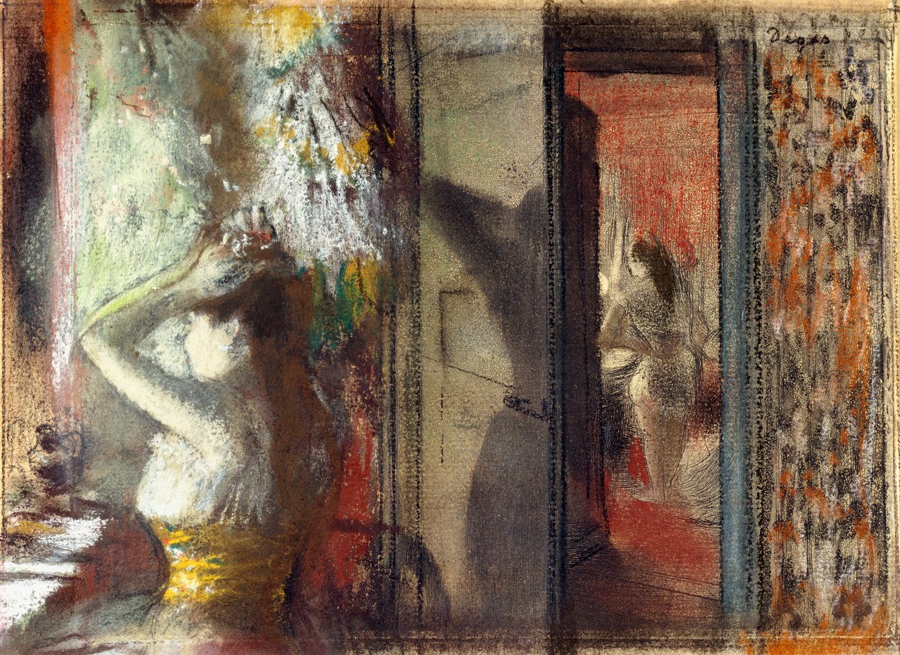 Näyttelijöiden pukuhuone, n. 1885 (pastelliväri etsauksen päällä paperille) tekijältä Edgar Degas