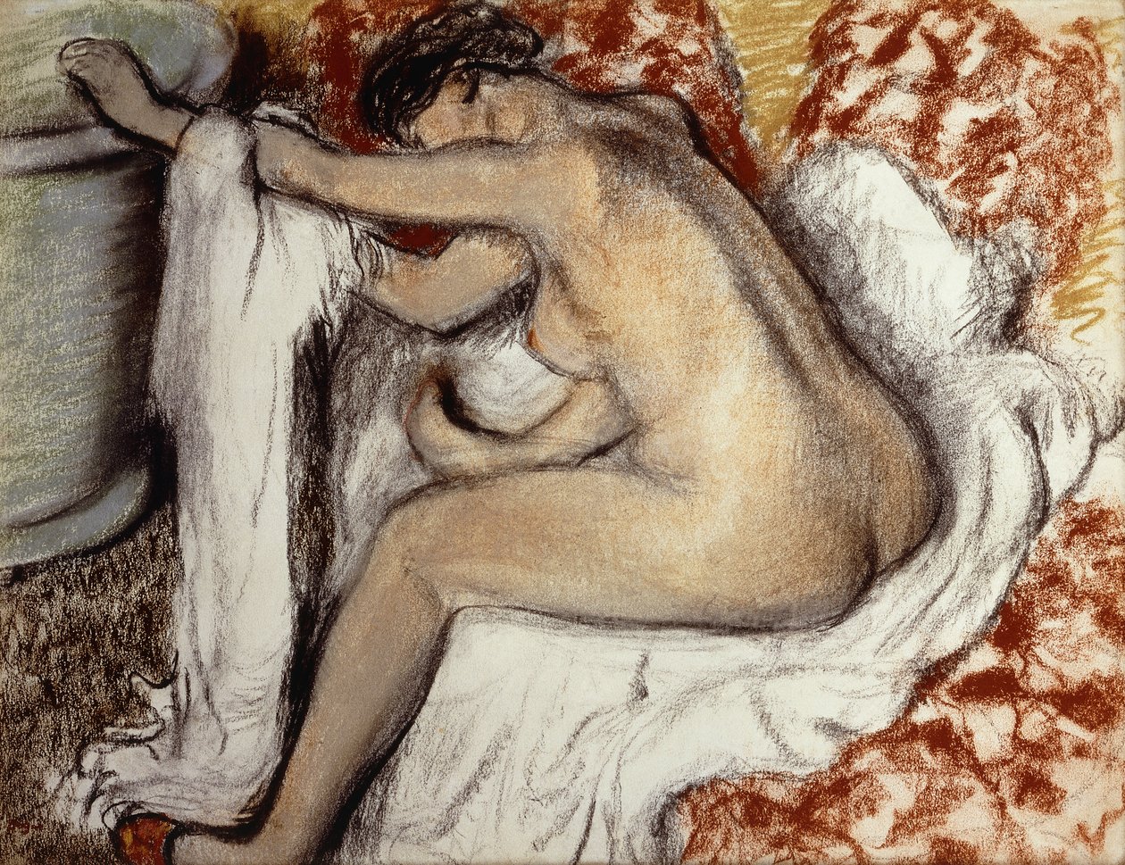 Kylvyn jälkeen nainen kuivaamassa; Kylvyn jälkeen, nainen pyyhkii itseään, n. 1884 tekijältä Edgar Degas