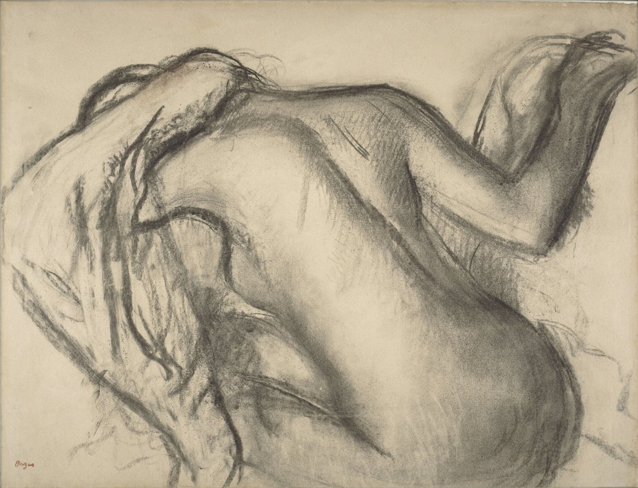 Kylvyn jälkeen nainen kuivaamassa hiuksiaan, n. 1893-1898 (hiili ja ruskea liitu paperille) tekijältä Edgar Degas