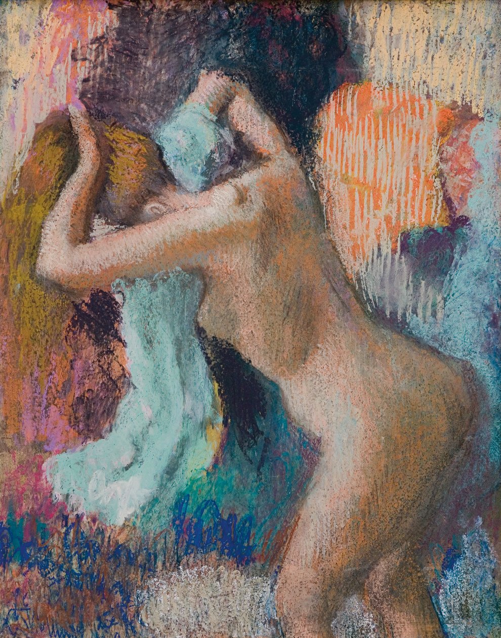 Kylvyn jälkeen nainen kuivaamassa itseään; Apres le bain, femme s"essuyant, n. 1890-1895 tekijältä Edgar Degas