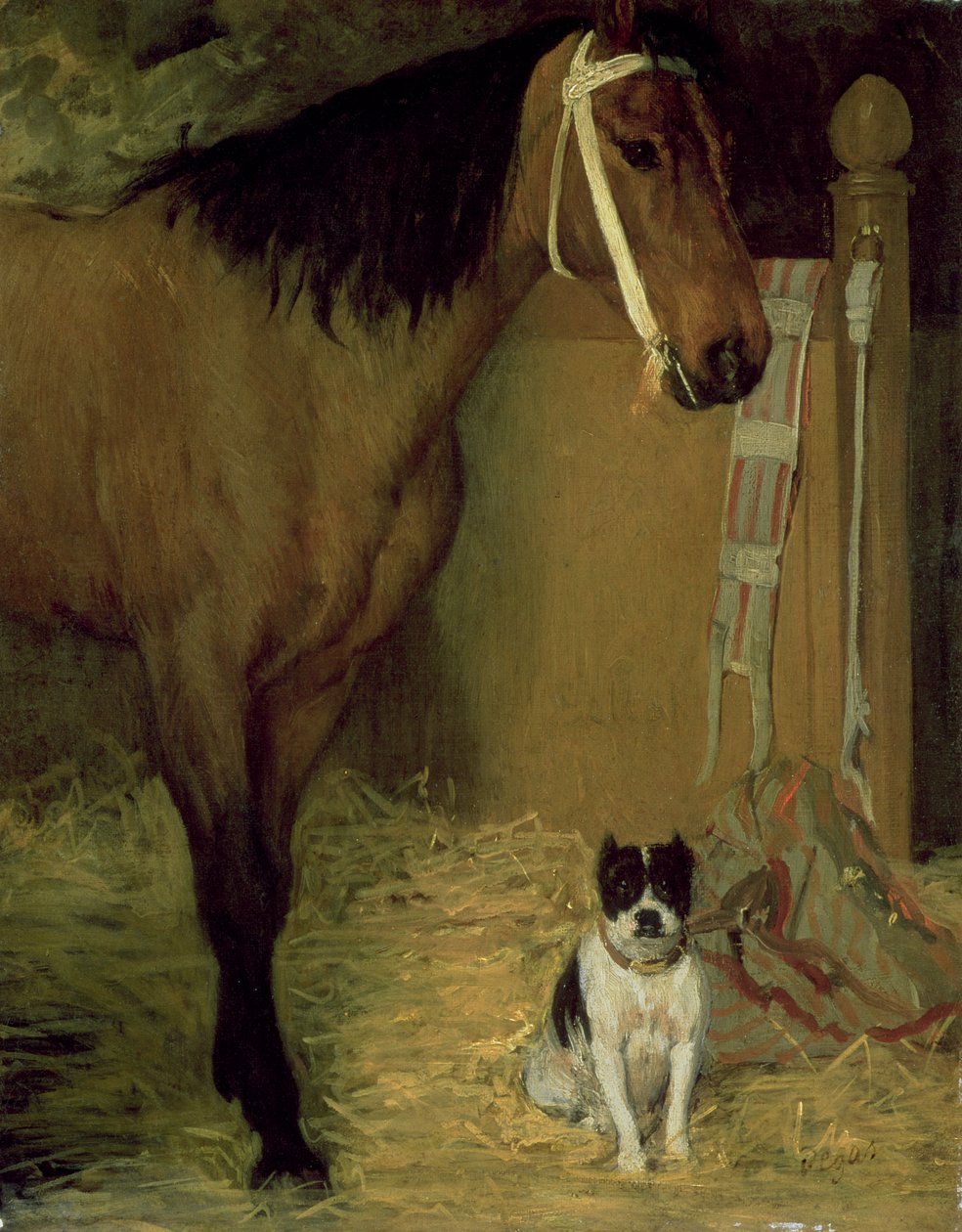 Tallilla, hevonen ja koira, n. 1862 tekijältä Edgar Degas