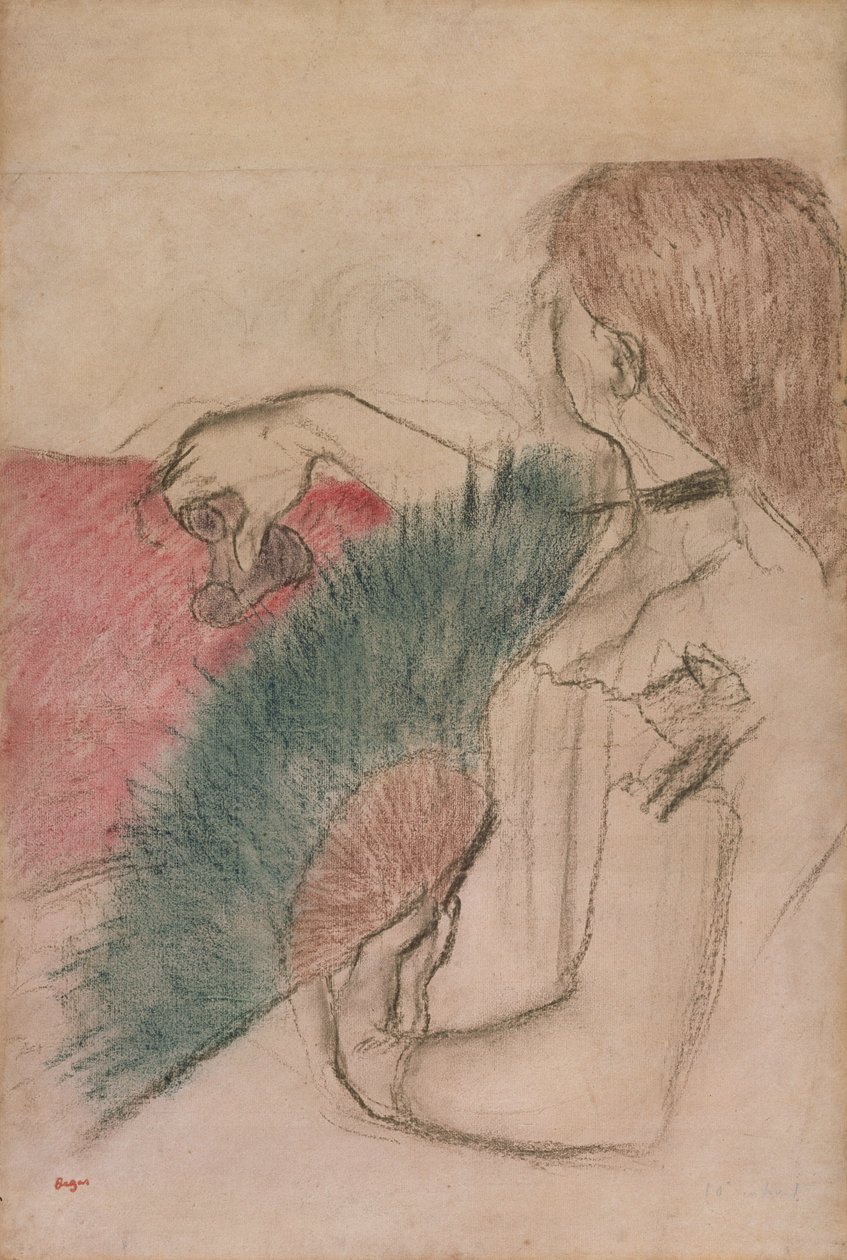 Teatterissa, Nainen tuulettimen kanssa, 1880 tekijältä Edgar Degas