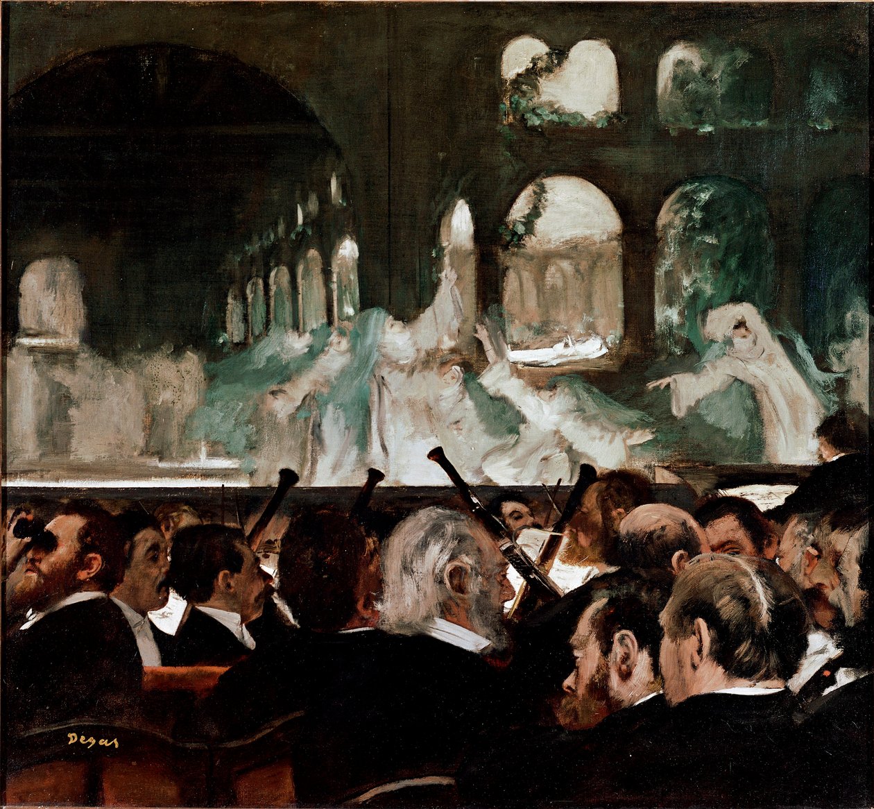 Baletissa Robert le Diable”” de Meyerbeer”” Baletti, jonka ovat säveltäneet Jakob (Giacomo) Liebmann Meyerbeer (1791-1864) ja Eugene Scribe. Eturivin katsojat. Edgar Degasin (1834-1917) maalaus 1876 su. 75x81 cm Lontoo, Victoria and Albert Museum tekijältä Edgar Degas