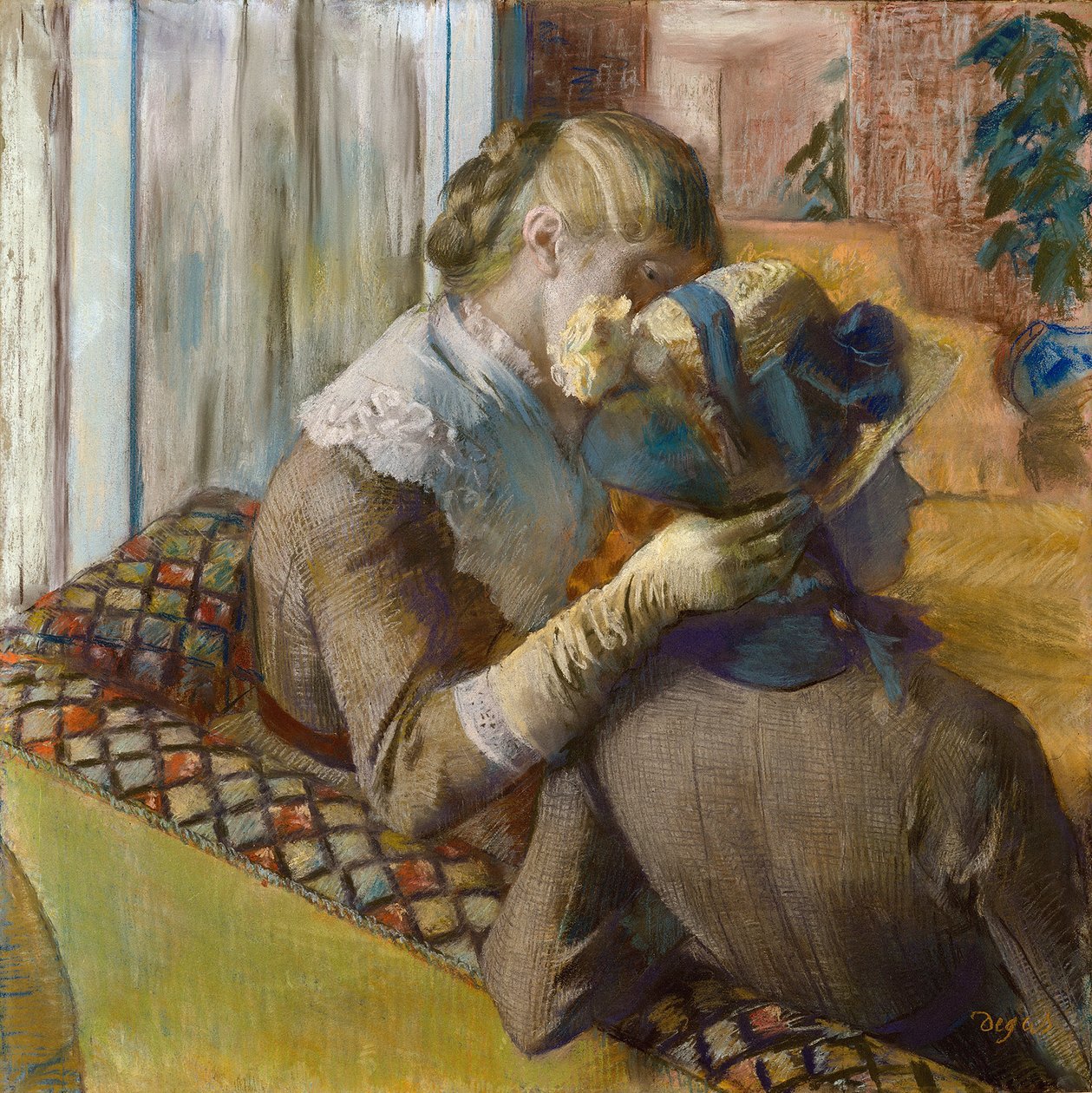 Muotimiehen luona. Asiakas yrittää hattua tekijältä Edgar Degas