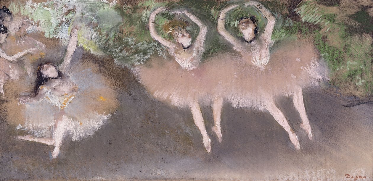 Balettikohtaus, n. 1879 (pastelli monotypian päälle paperille) tekijältä Edgar Degas