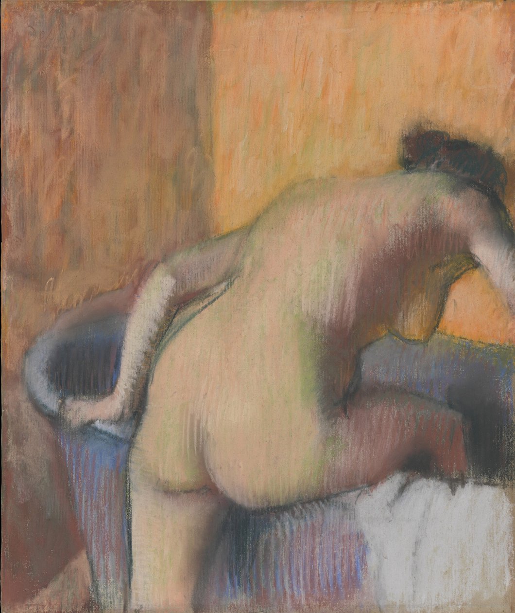 Kylpijä astumassa ammeeseen, n.1890 (pastelli ja hiili siniselle liimapaperille taustalevylle kiinnitettynä). tekijältä Edgar Degas