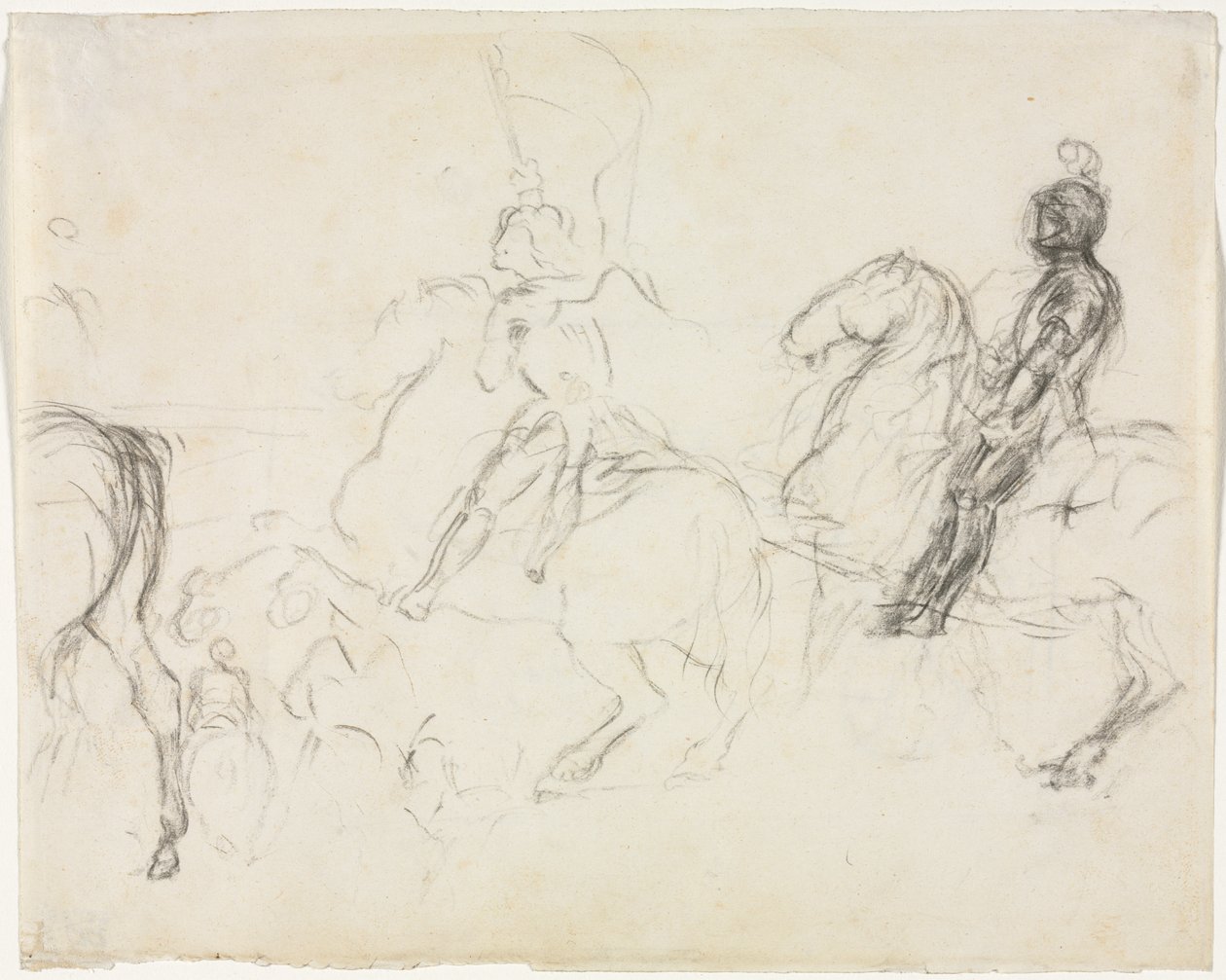 Taistelukohtaus panssaroitujen hahmojen kanssa hevosen selässä (recto) tekijältä Edgar Degas