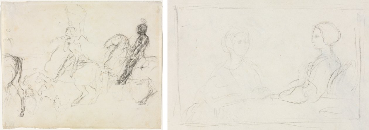 Taistelukohtaus panssaroiduilla hahmoilla hevosen selässä (recto) Kaksi istuvaa naista (verso) tekijältä Edgar Degas