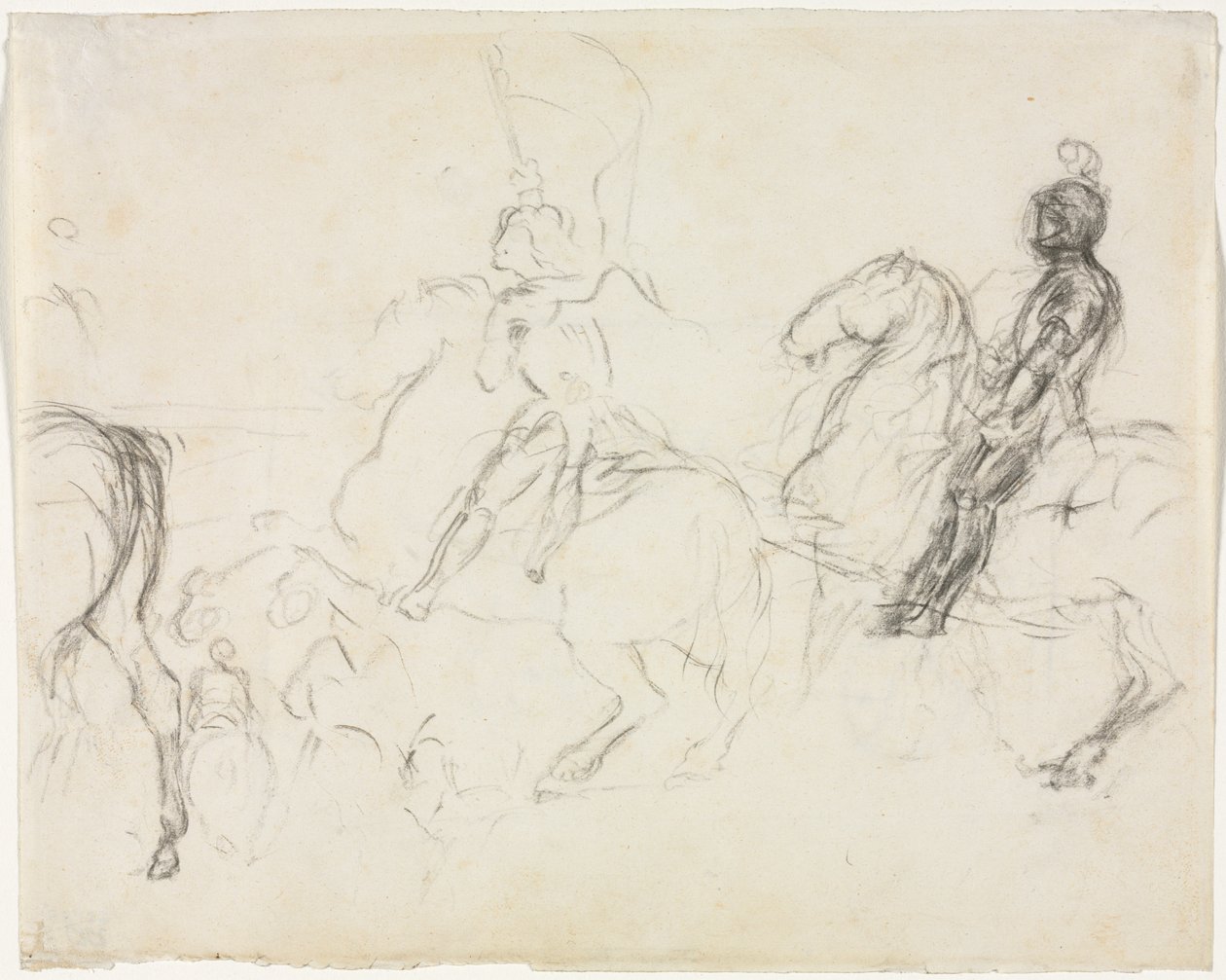 Taistelukohtaus panssaroiduilla hahmoilla hevosen selässä recto Two Seating Women verso, 1856-1860. tekijältä Edgar Degas