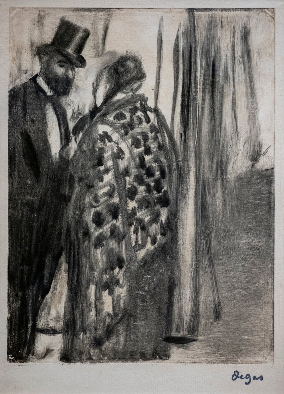Keskustelu (Ludovic Halevy ja Madame Cardinal). Noin 1876-1877. Monotypessä on mustat mustekiinnitykset taiteilijan toissijaisessa tukikartongissa. tekijältä Edgar Degas
